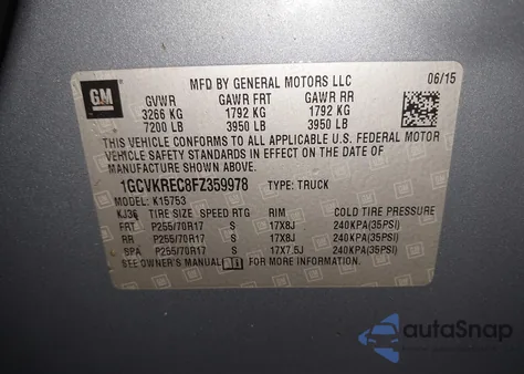 2015 Chevrolet Silverado 1500 1Lt from USA, damaged, VIN 1GCVKREC8FZ359978